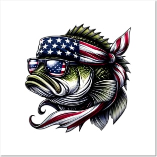 Bass American USA Flag Sunglasses 4th of July Fish Fishing Posters and Art